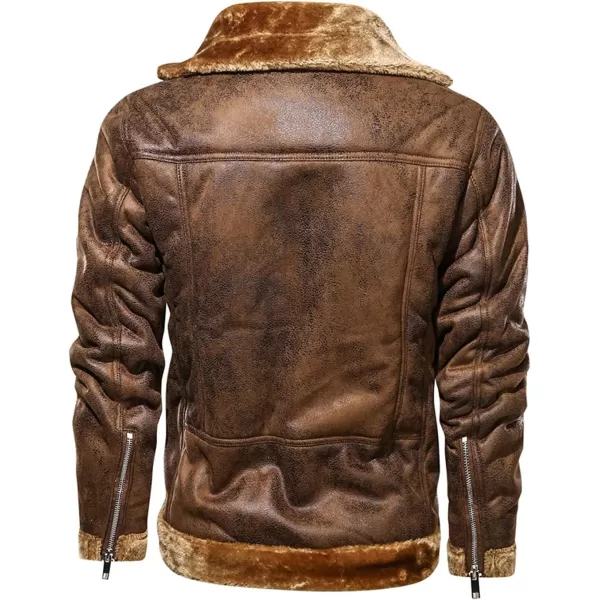 chouyatou Mens Winter Thicked Sherpa Lined Warm Slim Oblique Zip Distressed Faux Suede Leather Biker JacketBrown