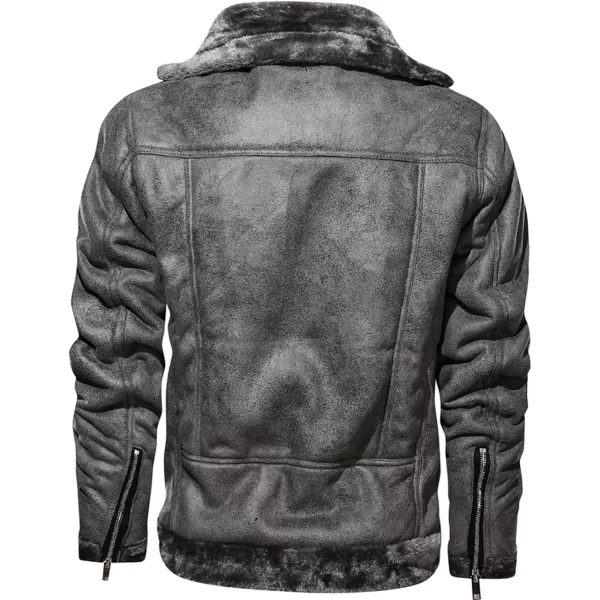 chouyatou Mens Winter Thicked Sherpa Lined Warm Slim Oblique Zip Distressed Faux Suede Leather Biker JacketDark Grey