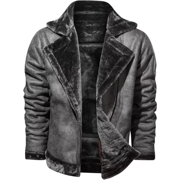 chouyatou Mens Winter Thicked Sherpa Lined Warm Slim Oblique Zip Distressed Faux Suede Leather Biker JacketDark Grey