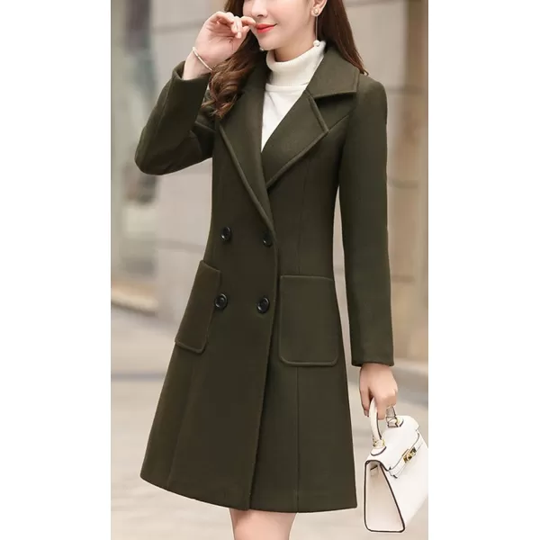 chouyatou Women Elegant Notched Collar Double Breasted Wool Blend Over CoatArmy Green