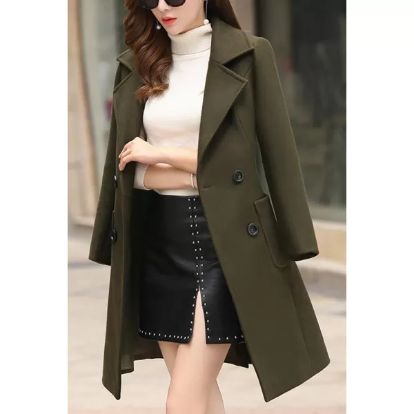 chouyatou Women Elegant Notched Collar Double Breasted Wool Blend Over CoatArmy Green