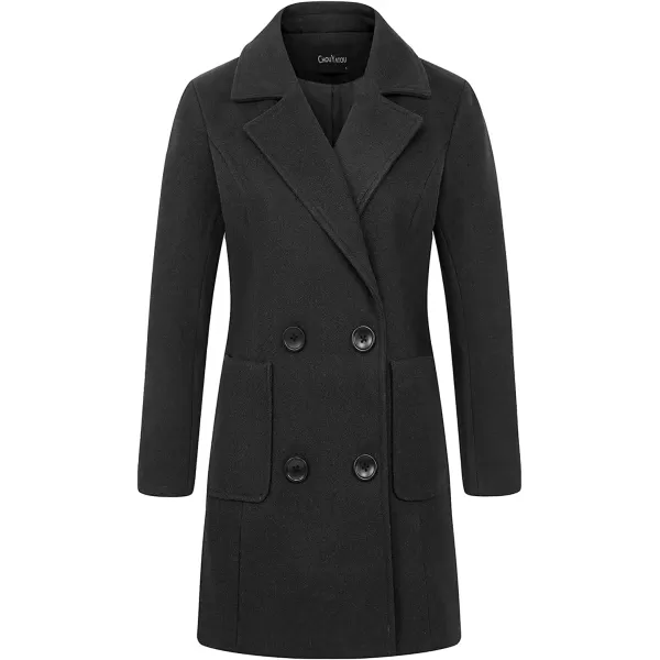 chouyatou Women Elegant Notched Collar Double Breasted Wool Blend Over CoatBlack
