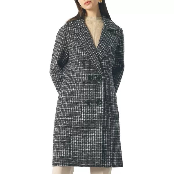 chouyatou Women Elegant Notched Collar Double Breasted Wool Blend Over CoatBlackplaid
