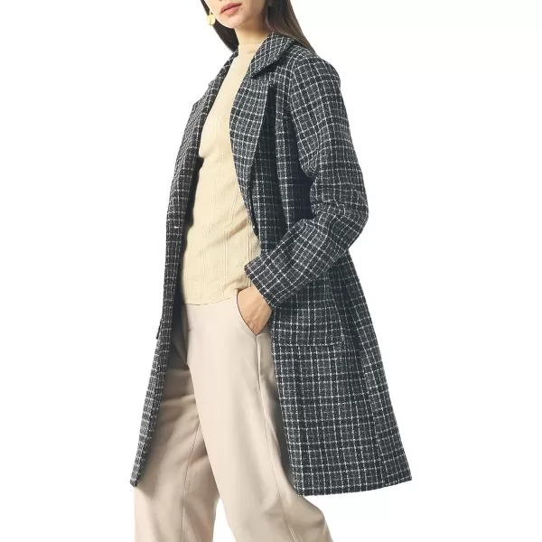 chouyatou Women Elegant Notched Collar Double Breasted Wool Blend Over CoatBlackplaid