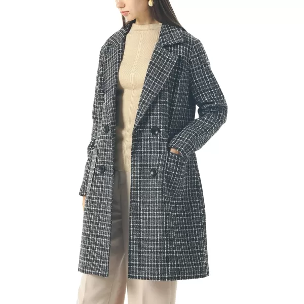 chouyatou Women Elegant Notched Collar Double Breasted Wool Blend Over CoatBlackplaid