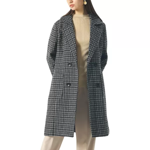 chouyatou Women Elegant Notched Collar Double Breasted Wool Blend Over CoatBlackplaid