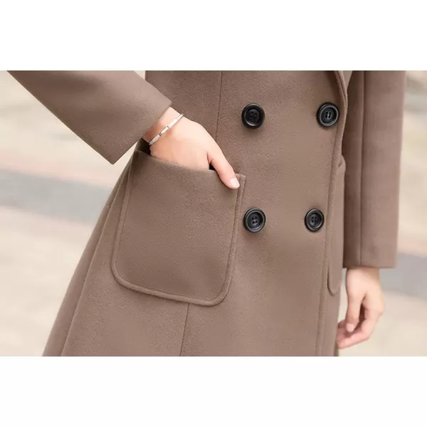chouyatou Women Elegant Notched Collar Double Breasted Wool Blend Over CoatKhaki
