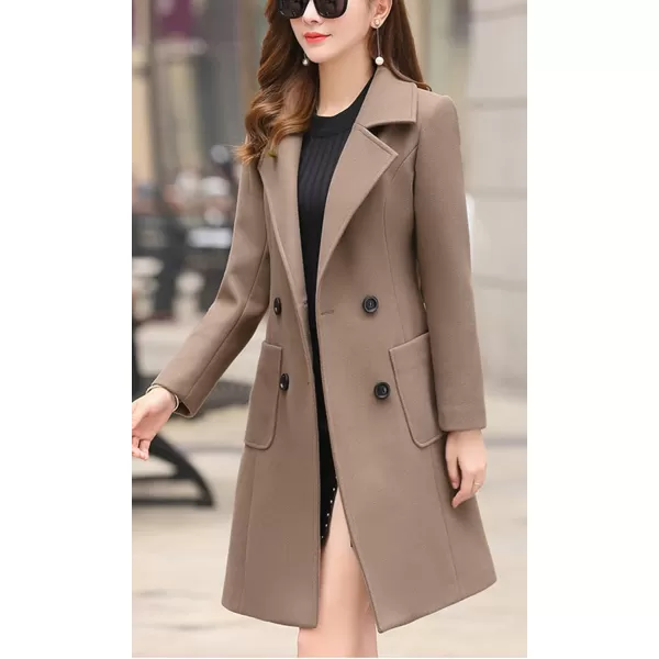 chouyatou Women Elegant Notched Collar Double Breasted Wool Blend Over CoatKhaki