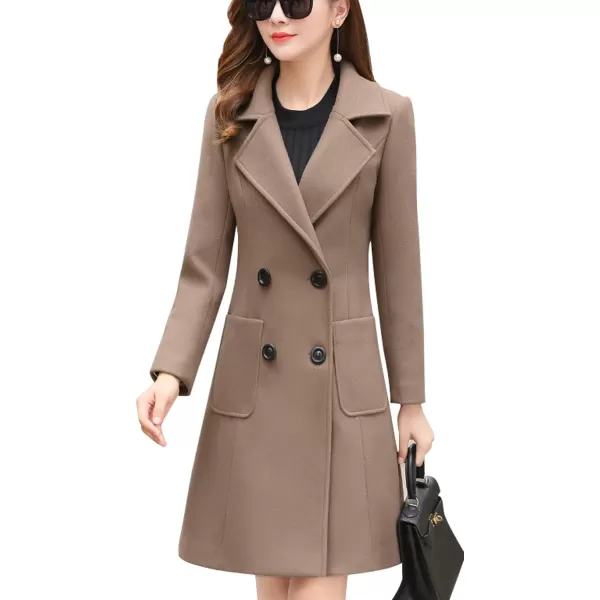 chouyatou Women Elegant Notched Collar Double Breasted Wool Blend Over CoatKhaki