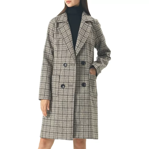 chouyatou Women Elegant Notched Collar Double Breasted Wool Blend Over CoatKhakiplaid