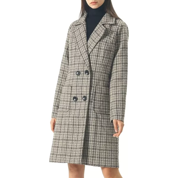 chouyatou Women Elegant Notched Collar Double Breasted Wool Blend Over CoatKhakiplaid