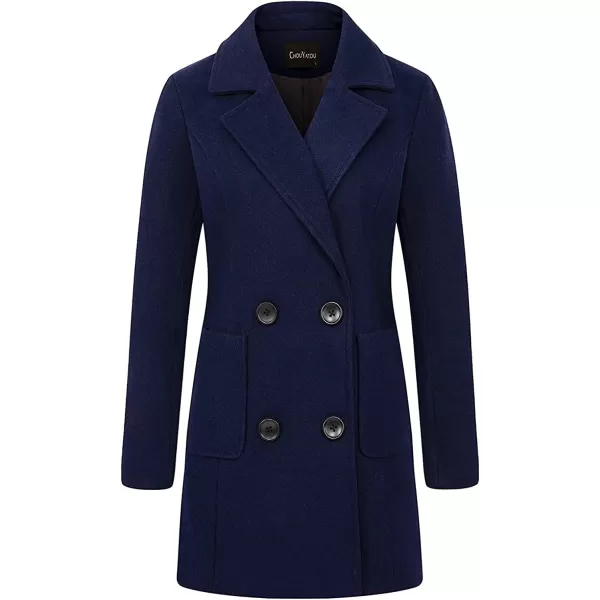 chouyatou Women Elegant Notched Collar Double Breasted Wool Blend Over CoatNavy Blue