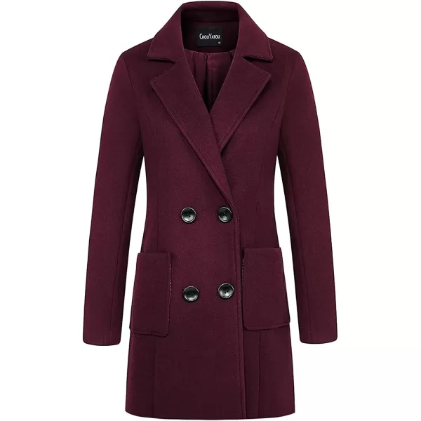 chouyatou Women Elegant Notched Collar Double Breasted Wool Blend Over CoatWine Red