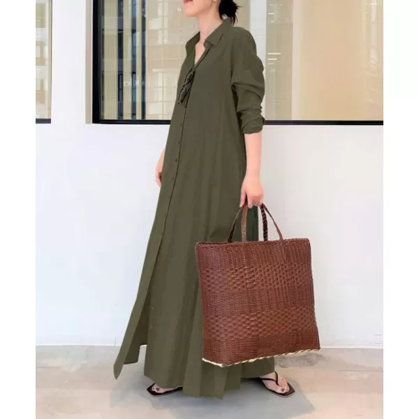 chouyatou Womens Basic Loose Fit Long Sleeve Button Up Maxi Shirt Dress with PocketsArmy Green