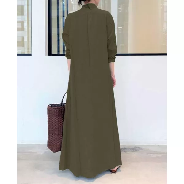 chouyatou Womens Basic Loose Fit Long Sleeve Button Up Maxi Shirt Dress with PocketsArmy Green