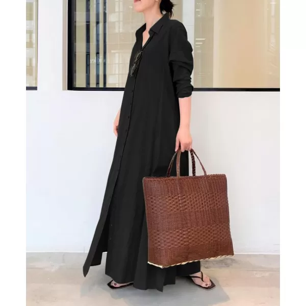 chouyatou Womens Basic Loose Fit Long Sleeve Button Up Maxi Shirt Dress with PocketsBlack