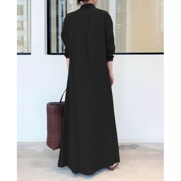 chouyatou Womens Basic Loose Fit Long Sleeve Button Up Maxi Shirt Dress with PocketsBlack
