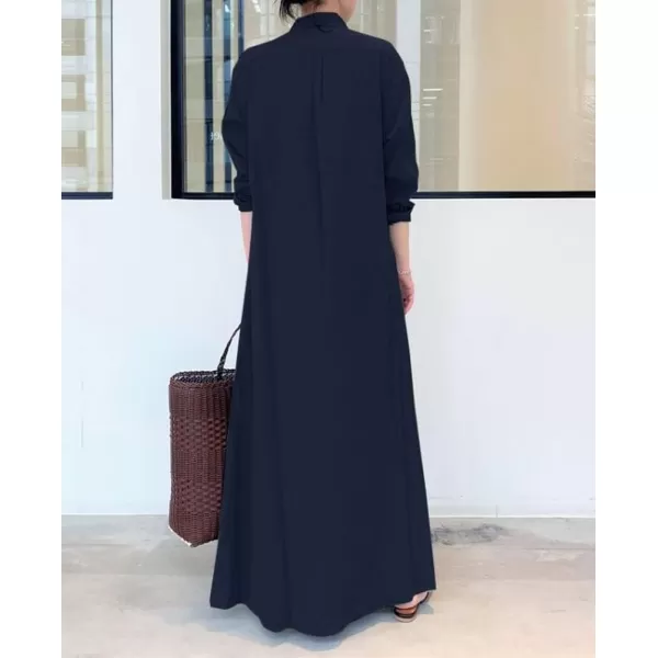 chouyatou Womens Basic Loose Fit Long Sleeve Button Up Maxi Shirt Dress with PocketsNavy Blue