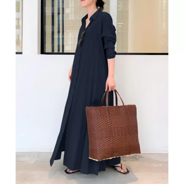 chouyatou Womens Basic Loose Fit Long Sleeve Button Up Maxi Shirt Dress with PocketsNavy Blue