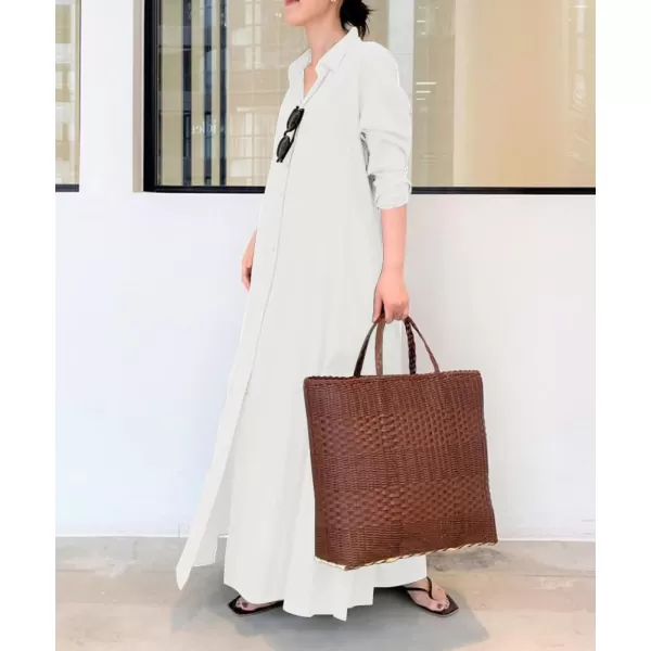 chouyatou Womens Basic Loose Fit Long Sleeve Button Up Maxi Shirt Dress with PocketsOffwhite