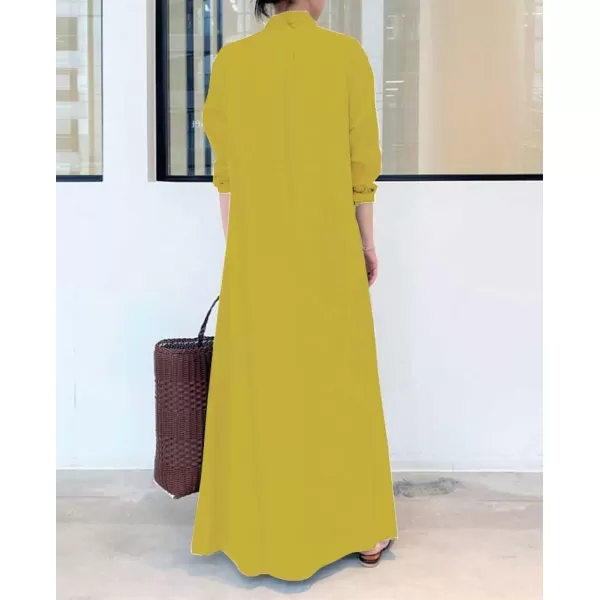 chouyatou Womens Basic Loose Fit Long Sleeve Button Up Maxi Shirt Dress with PocketsYellow