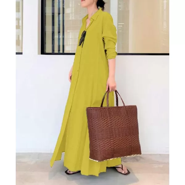 chouyatou Womens Basic Loose Fit Long Sleeve Button Up Maxi Shirt Dress with PocketsYellow
