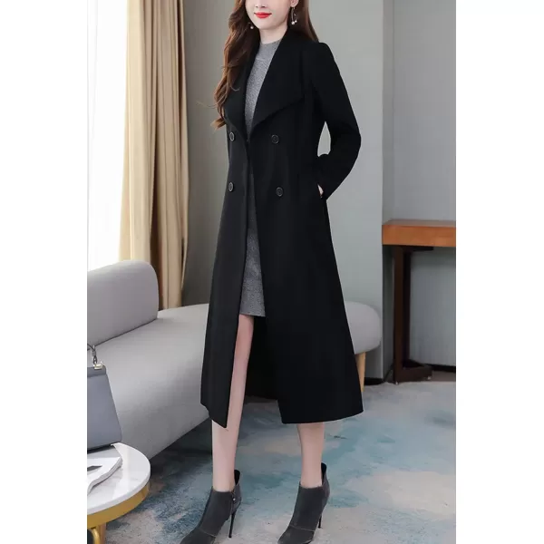 chouyatou Womens Chic Shawl Collar Work Double Breasted Maxi Long Wool Pea CoatBlack