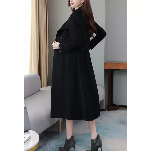 chouyatou Womens Chic Shawl Collar Work Double Breasted Maxi Long Wool Pea CoatBlack