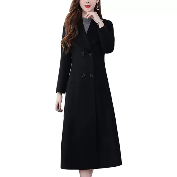chouyatou Womens Chic Shawl Collar Work Double Breasted Maxi Long Wool Pea CoatBlack