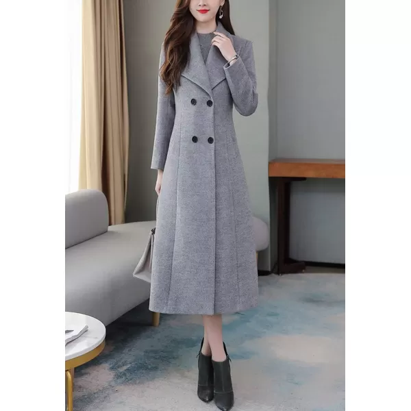 chouyatou Womens Chic Shawl Collar Work Double Breasted Maxi Long Wool Pea CoatGrey