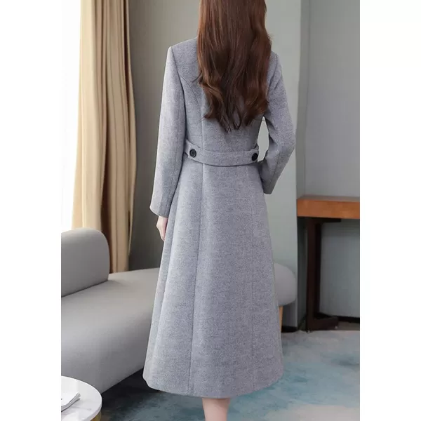 chouyatou Womens Chic Shawl Collar Work Double Breasted Maxi Long Wool Pea CoatGrey