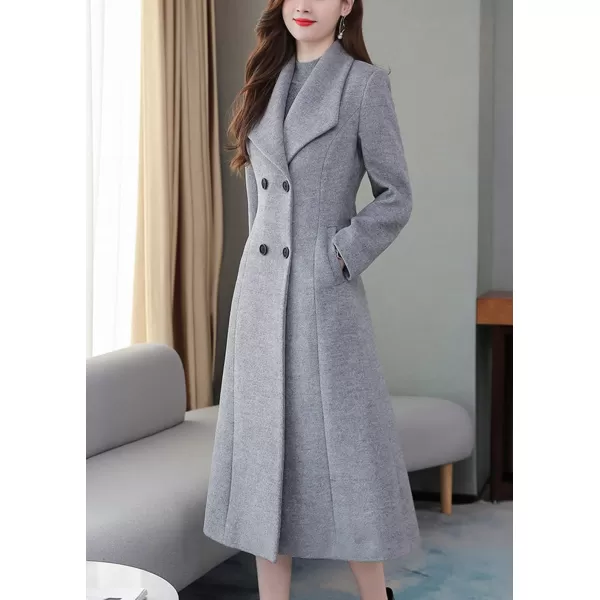 chouyatou Womens Chic Shawl Collar Work Double Breasted Maxi Long Wool Pea CoatGrey