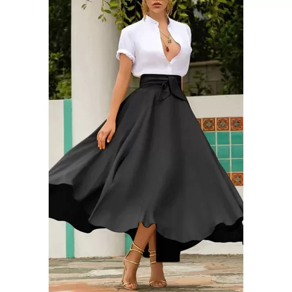 chouyatou Womens Elegant High Waisted Side Slit Irregular Bohemian Maxi Skirt with PocketsBlack