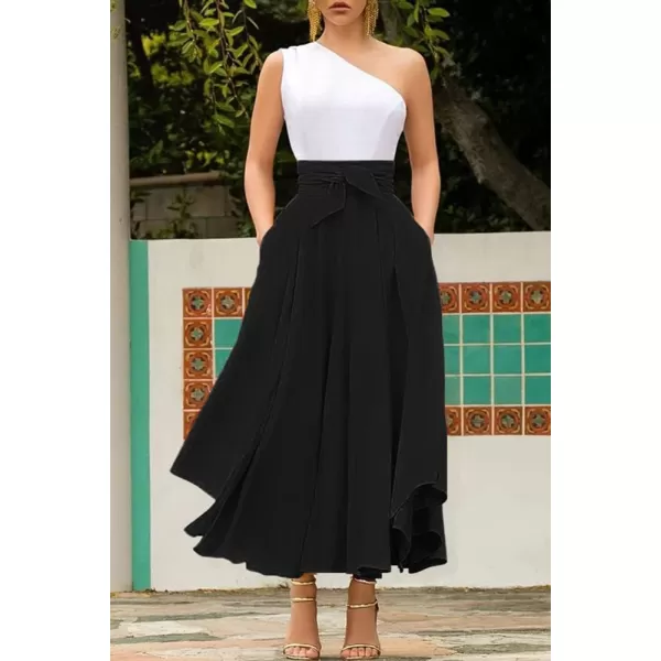chouyatou Womens Elegant High Waisted Side Slit Irregular Bohemian Maxi Skirt with PocketsBlack