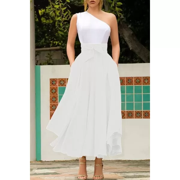 chouyatou Womens Elegant High Waisted Side Slit Irregular Bohemian Maxi Skirt with PocketsOffwhite