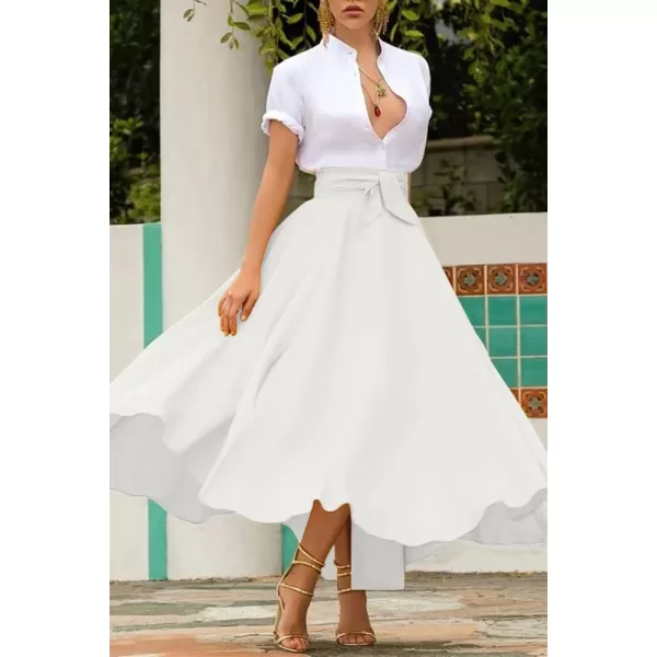 chouyatou Womens Elegant High Waisted Side Slit Irregular Bohemian Maxi Skirt with PocketsOffwhite