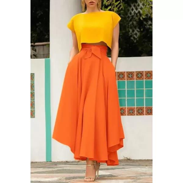 chouyatou Womens Elegant High Waisted Side Slit Irregular Bohemian Maxi Skirt with PocketsOrange