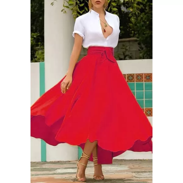 chouyatou Womens Elegant High Waisted Side Slit Irregular Bohemian Maxi Skirt with PocketsRed