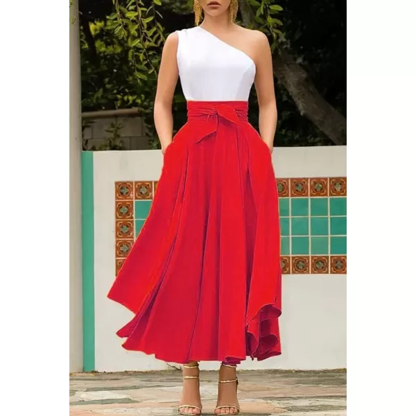 chouyatou Womens Elegant High Waisted Side Slit Irregular Bohemian Maxi Skirt with PocketsRed