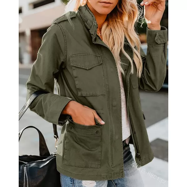 chouyatou Womens Fall Stand Collar Zip Up Military Cotton Utility Safari JacketArmy Green