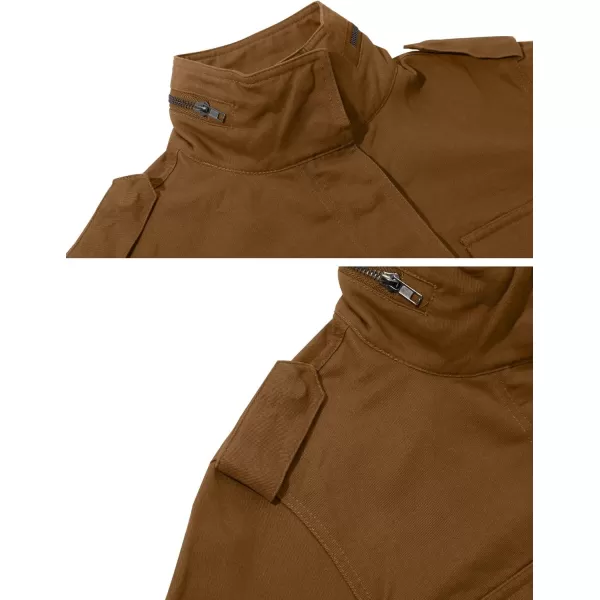 chouyatou Womens Fall Stand Collar Zip Up Military Cotton Utility Safari JacketBrown