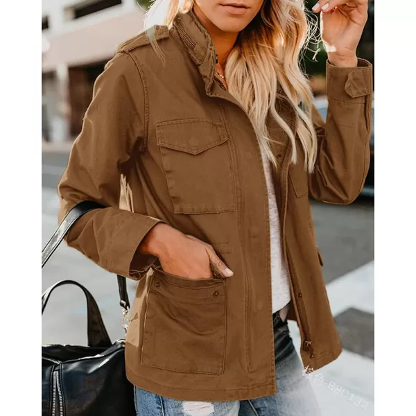 chouyatou Womens Fall Stand Collar Zip Up Military Cotton Utility Safari JacketBrown