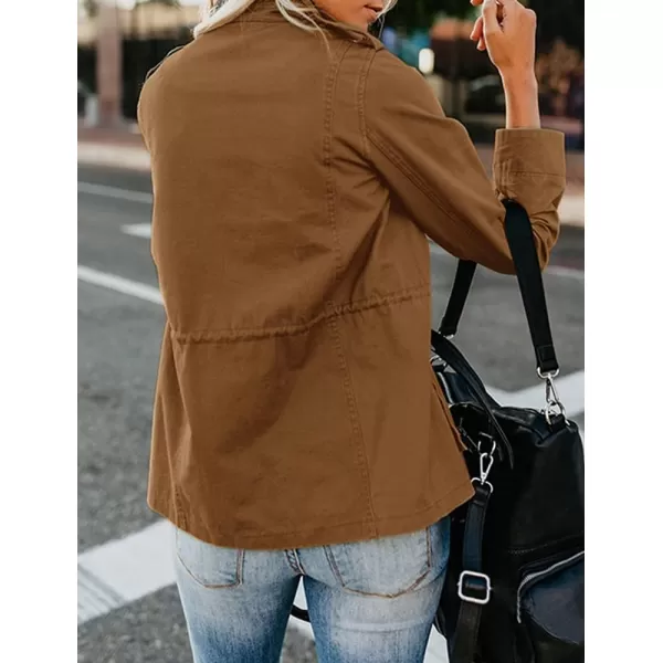 chouyatou Womens Fall Stand Collar Zip Up Military Cotton Utility Safari JacketBrown