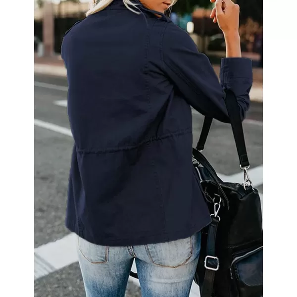 chouyatou Womens Fall Stand Collar Zip Up Military Cotton Utility Safari JacketNavy Blue