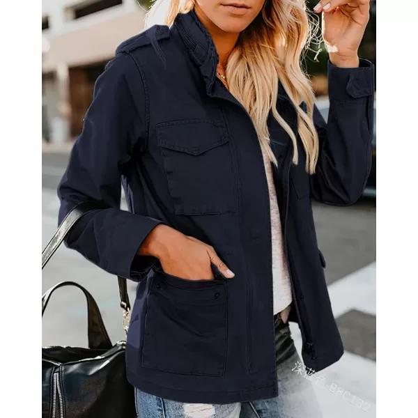 chouyatou Womens Fall Stand Collar Zip Up Military Cotton Utility Safari JacketNavy Blue