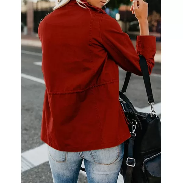 chouyatou Womens Fall Stand Collar Zip Up Military Cotton Utility Safari JacketWine Red
