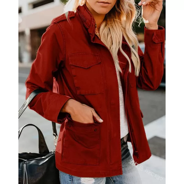 chouyatou Womens Fall Stand Collar Zip Up Military Cotton Utility Safari JacketWine Red