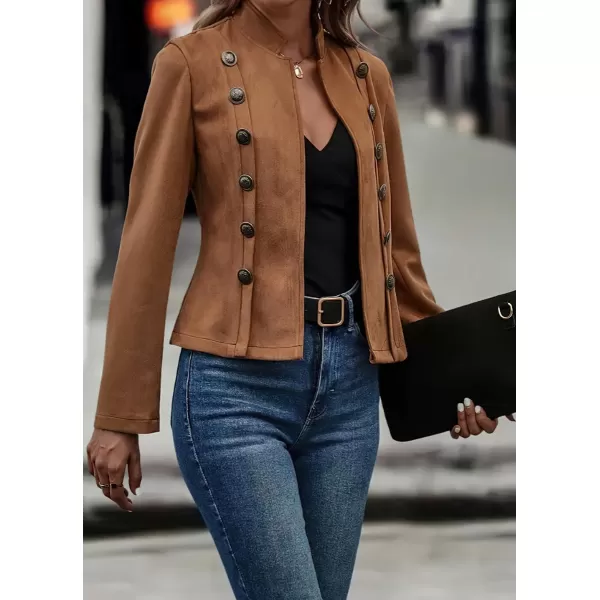 chouyatou Womens Faux Suede Leather Jacket 2024 Fall Winter Clothes Casual Business Long Sleeve Blazer Jacket CoatBrown