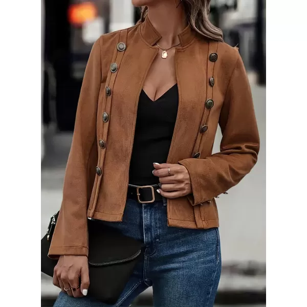 chouyatou Womens Faux Suede Leather Jacket 2024 Fall Winter Clothes Casual Business Long Sleeve Blazer Jacket CoatBrown