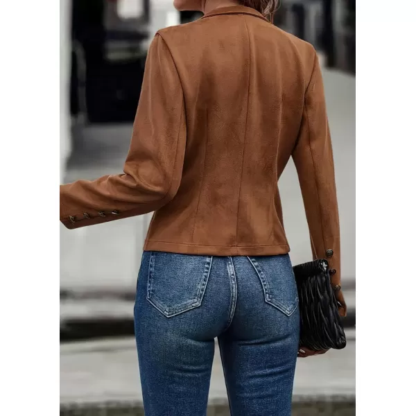chouyatou Womens Faux Suede Leather Jacket 2024 Fall Winter Clothes Casual Business Long Sleeve Blazer Jacket CoatBrown